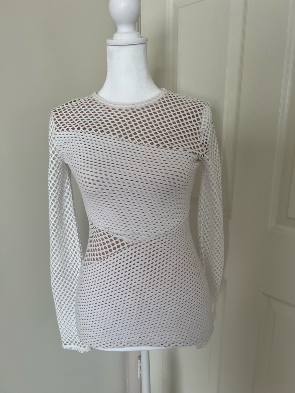 BCBGMaxAzria White Long-Sleeve Mesh Cutout Dress